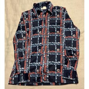 Vintage Trissi Shirt Womens Medium Blue Geometric Button Front Long Sleeve 70s